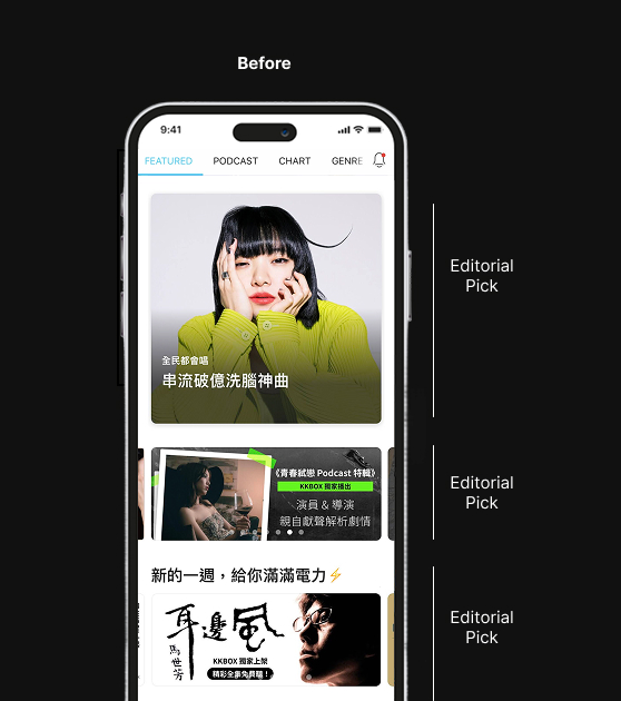 KKBOX homepage before redesign with editorial picks labeled