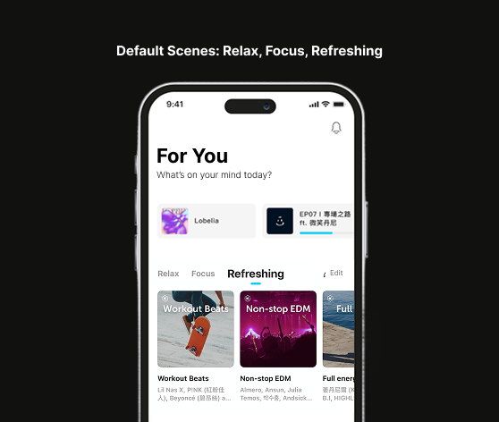 Default listening scenes showing Relax, Focus, and Refreshing tabs